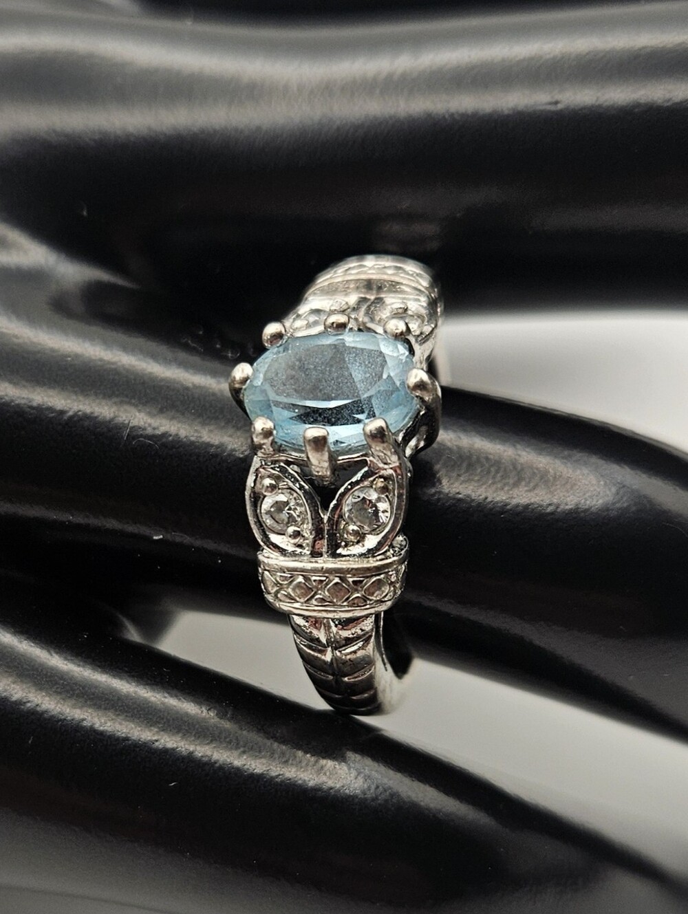 Vintage RJ 925 Sterling Silver Blue Stone Ring Size 7 Filigree Art Deco Style - Picture 3 of 10